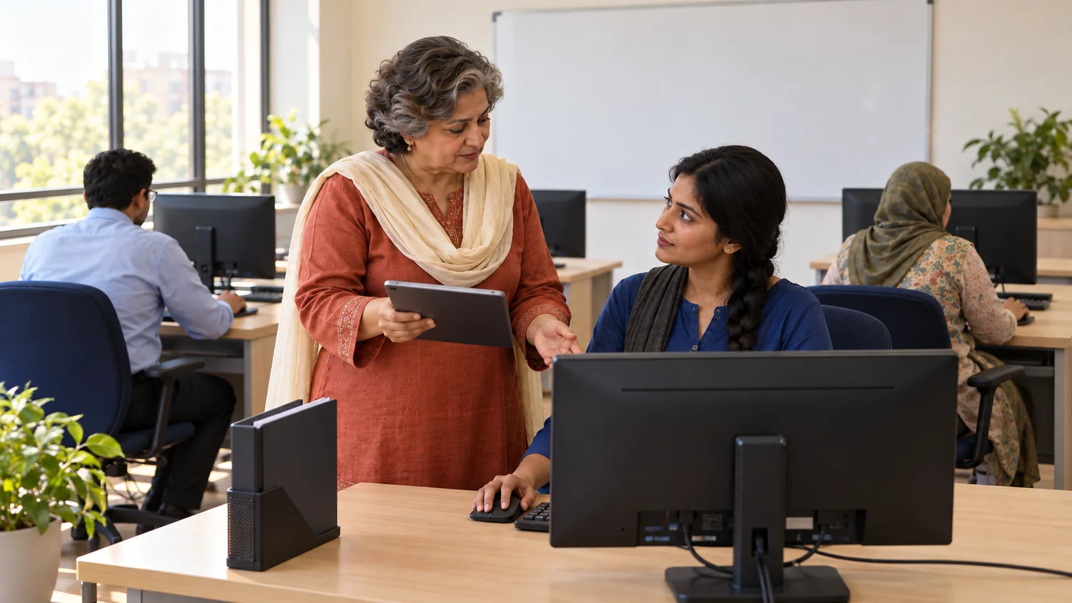 AI-generated illustration of an instructor guiding an adult learner to a ready computer workstation after organized enrollment coordination.