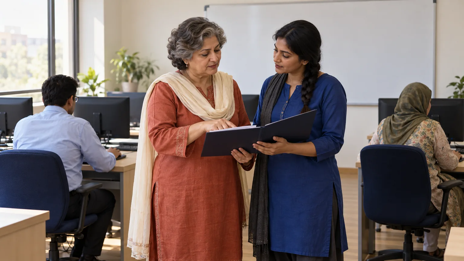AI-generated illustration of an instructor and adult learner discussing enrollment in a computer training classroom.