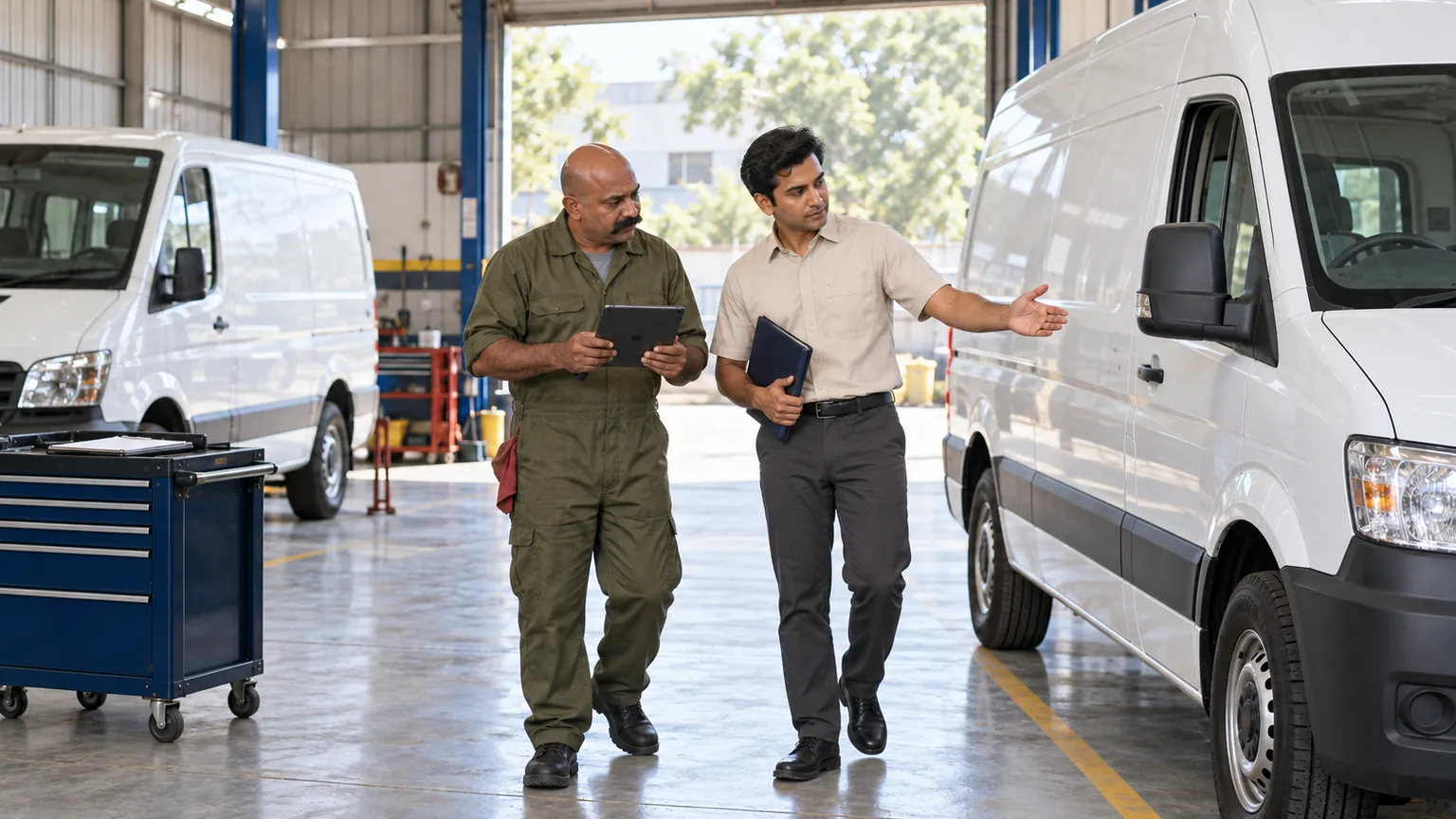 AI-generated illustration of a mechanic and service adviser coordinating an organized fleet service assignment beside safely parked vans.