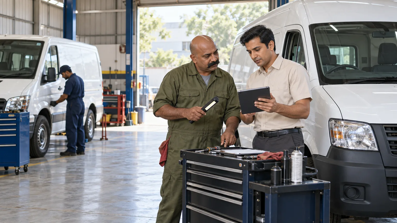 AI-generated illustration of a mechanic and service adviser coordinating fleet vehicle maintenance.