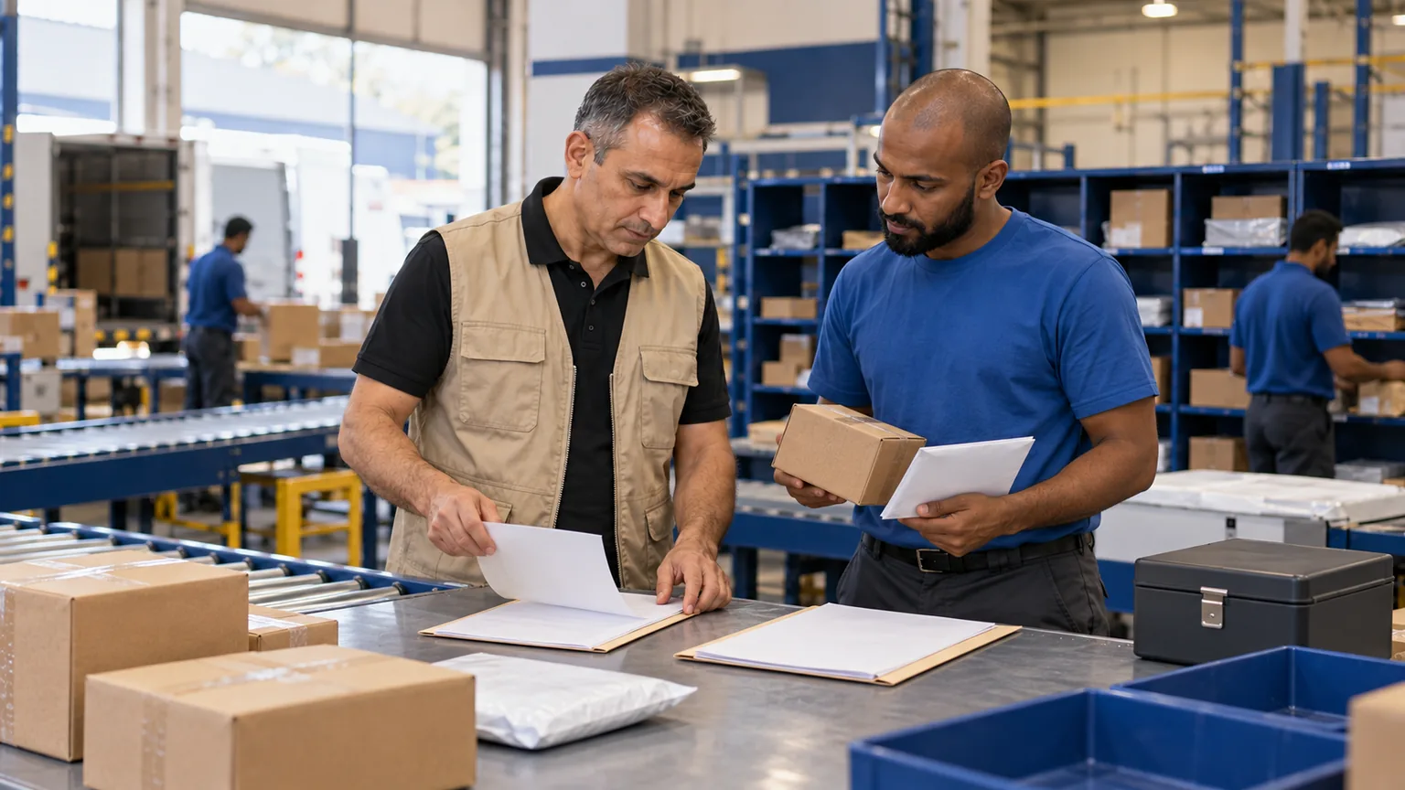 AI-generated illustration of courier staff matching a returned parcel and unmarked envelope to separate paper folders.