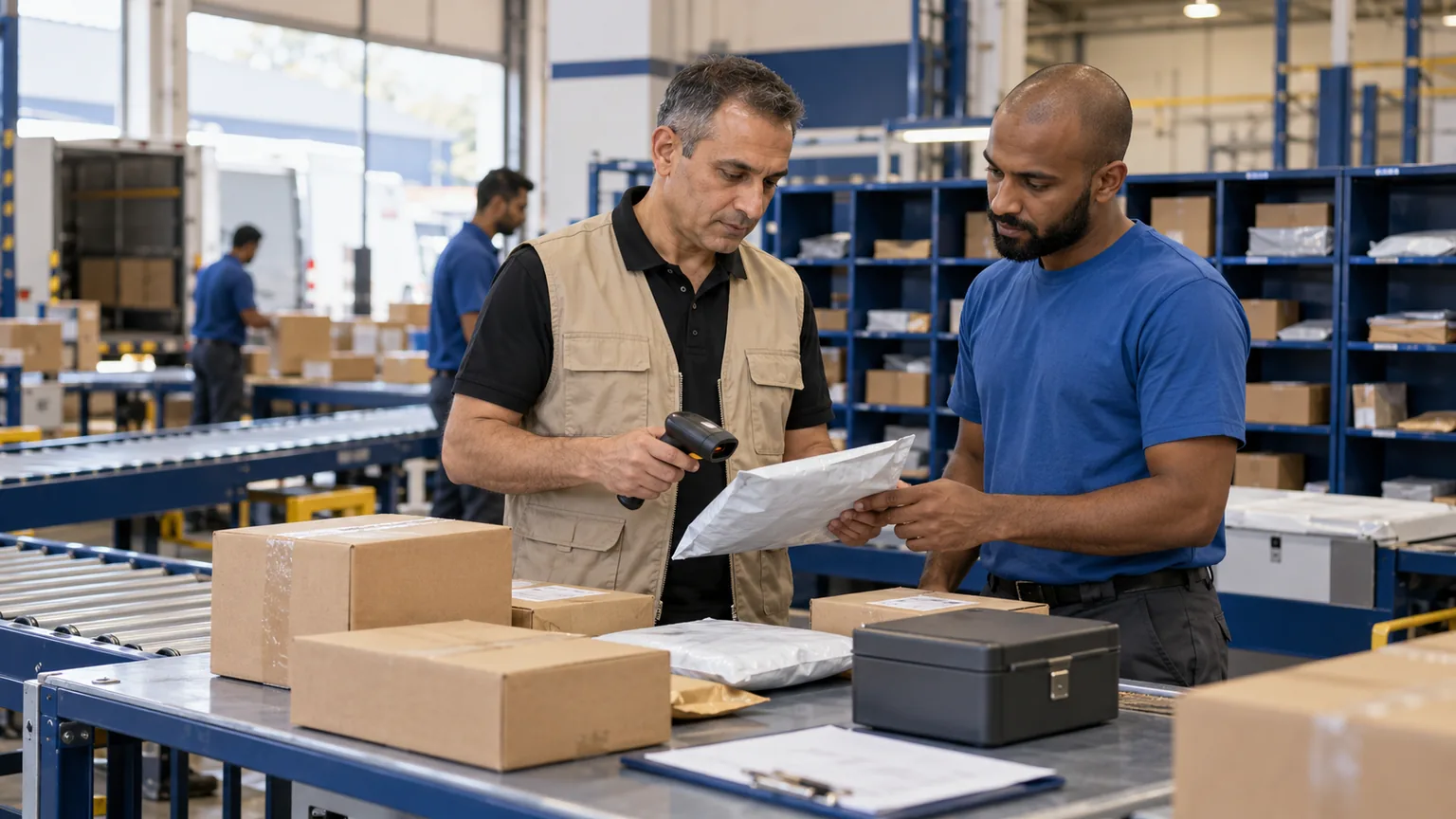 AI-generated illustration of courier depot staff checking a returned parcel and reconciliation envelope.