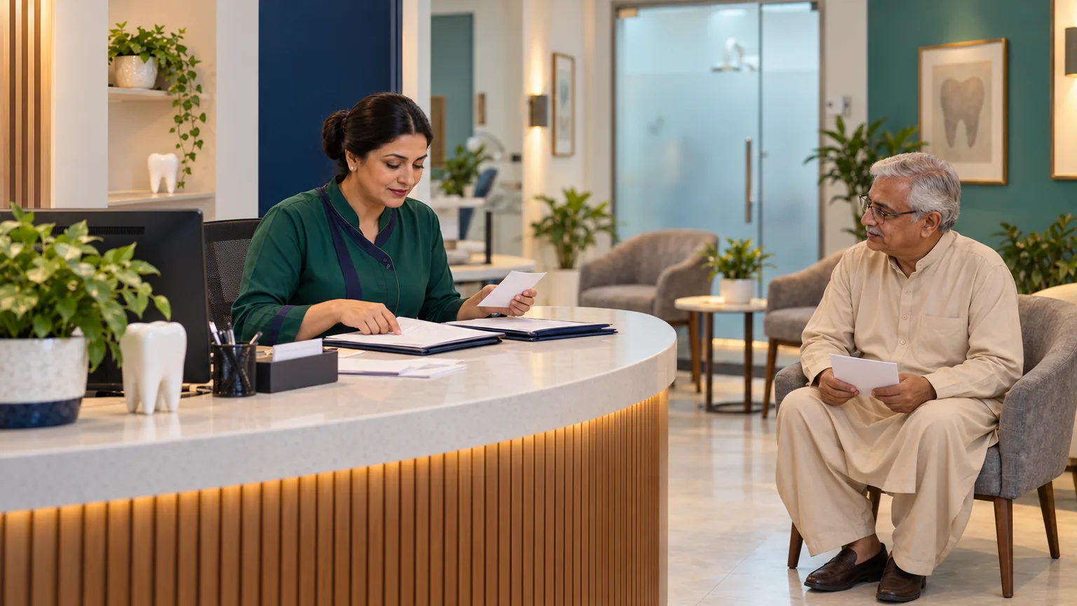 AI-generated illustration of a dental receptionist manually comparing appointment folders while an older adult visitor waits.