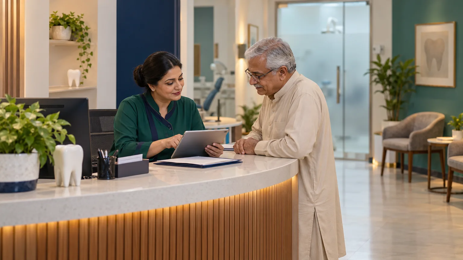 AI-generated illustration of a dental receptionist assisting an older adult visitor with appointments.