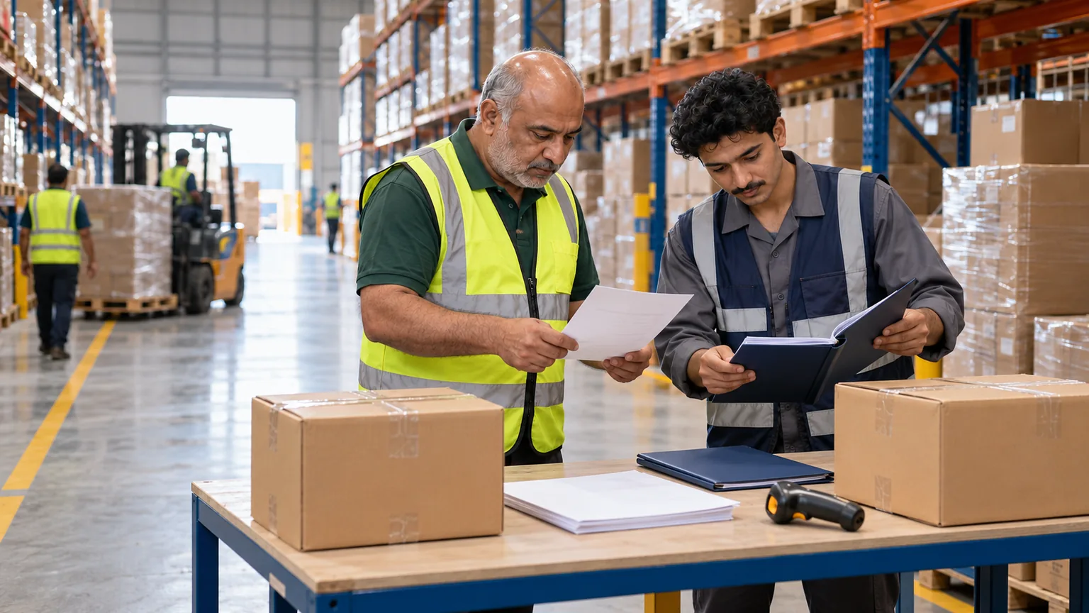 AI-generated illustration of distribution staff manually comparing stock and dispatch records.