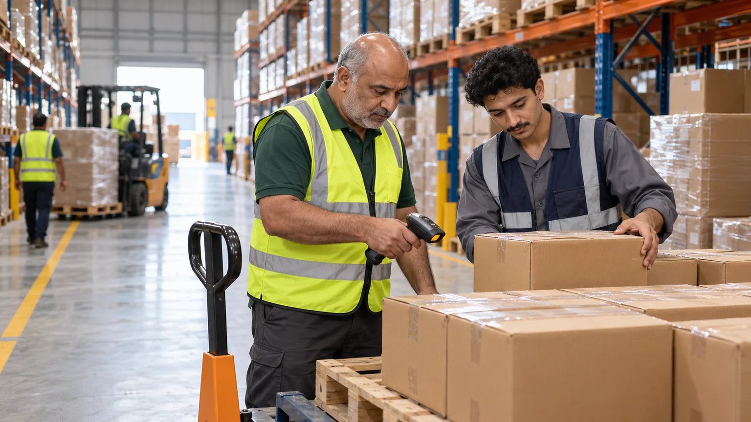 AI-generated illustration of distribution warehouse staff in safety vests checking inventory for dispatch.