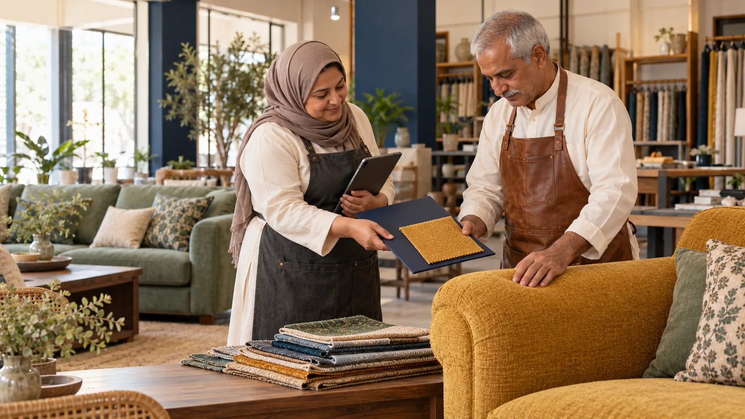 AI-generated illustration of furniture specialists handing over an organized custom-order material kit.
