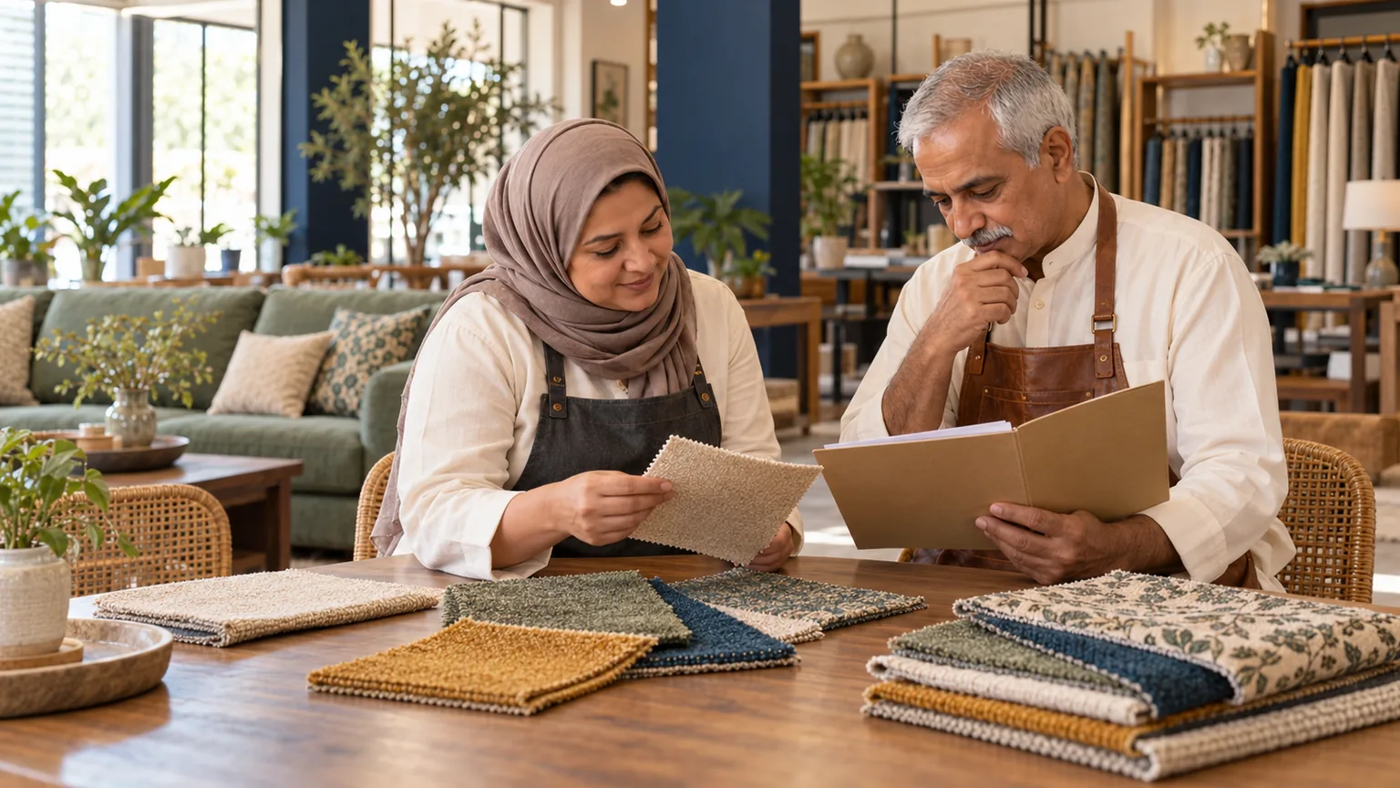 AI-generated illustration of furniture specialists checking separate order papers and upholstery samples.