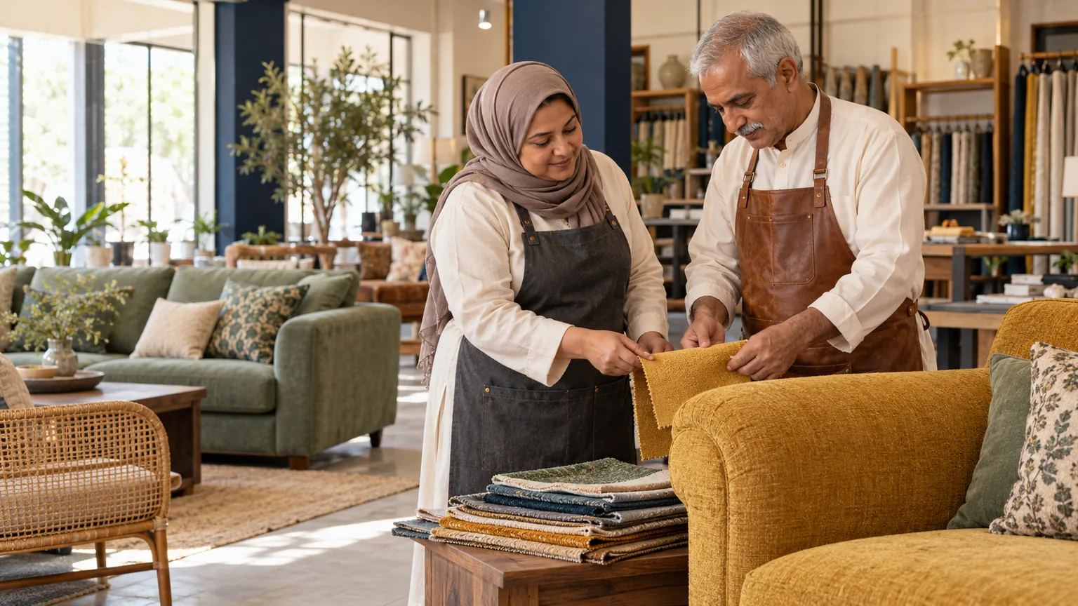 AI-generated illustration of furniture specialists matching upholstery for a custom order in a showroom.
