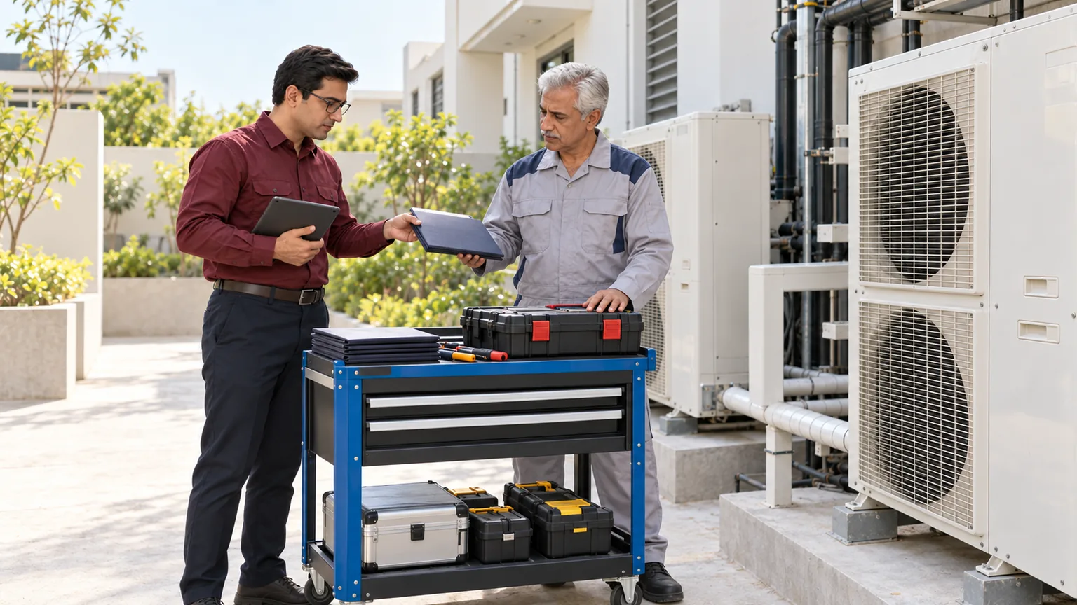 AI-generated illustration of the same HVAC team handing over a service folder beside an organized tool cart.