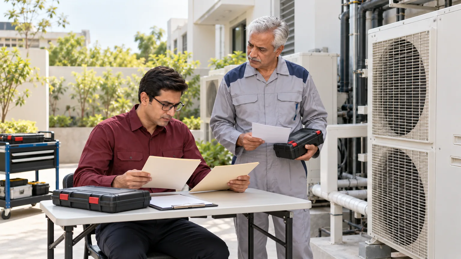 AI-generated illustration of an HVAC coordinator comparing paper assignments while the technician waits with a parts case.