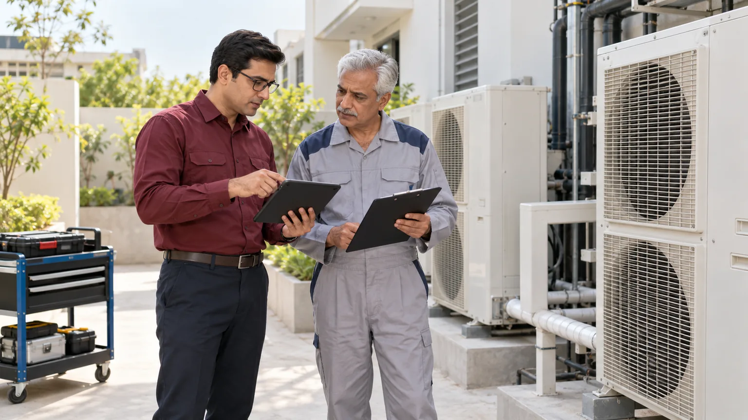 AI-generated illustration of an HVAC technician and service coordinator reviewing a maintenance assignment.