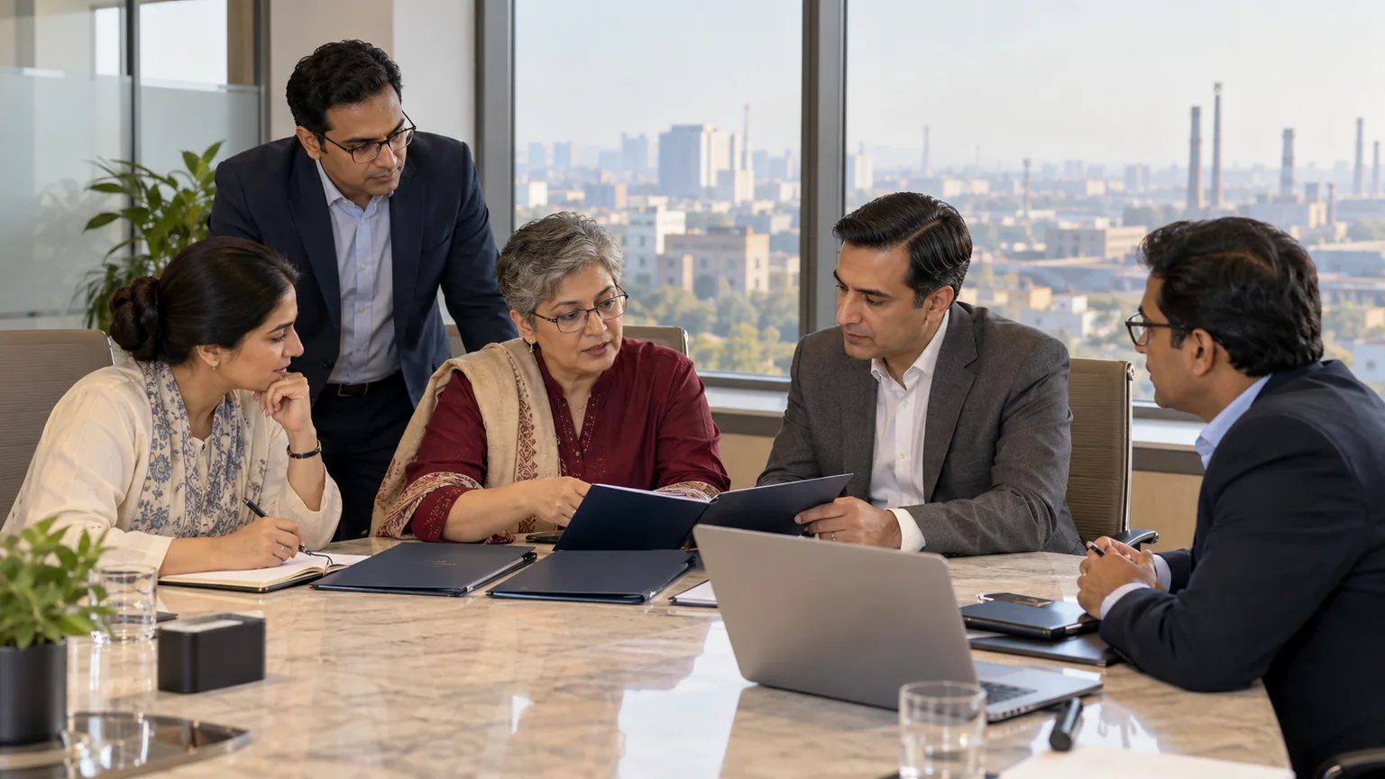 AI-generated illustration of a senior business team reviewing branch operations in a Pakistani group head office.