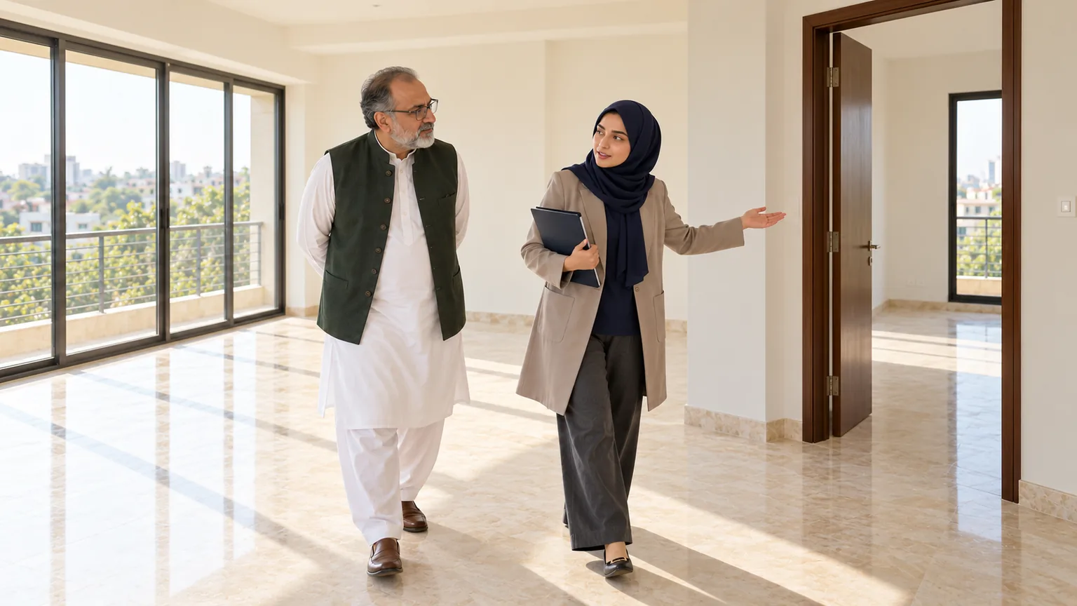 AI-generated illustration of a property adviser guiding an adult visitor to the next room using organized enquiry coordination.