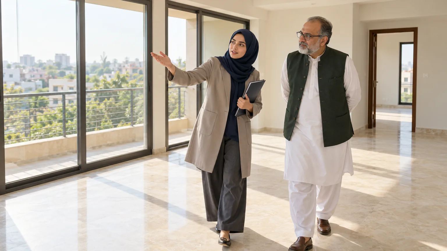 AI-generated illustration of a property adviser discussing an apartment with an adult prospective client.