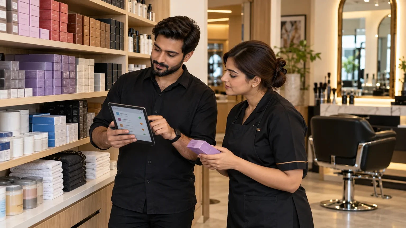 AI-generated illustration of a salon owner and professional checking organized product inventory on a tablet.