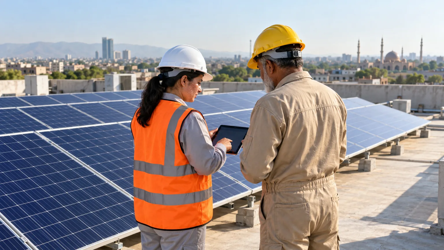 AI-generated illustration of a solar engineer and technician reviewing a rooftop installation in safety equipment.