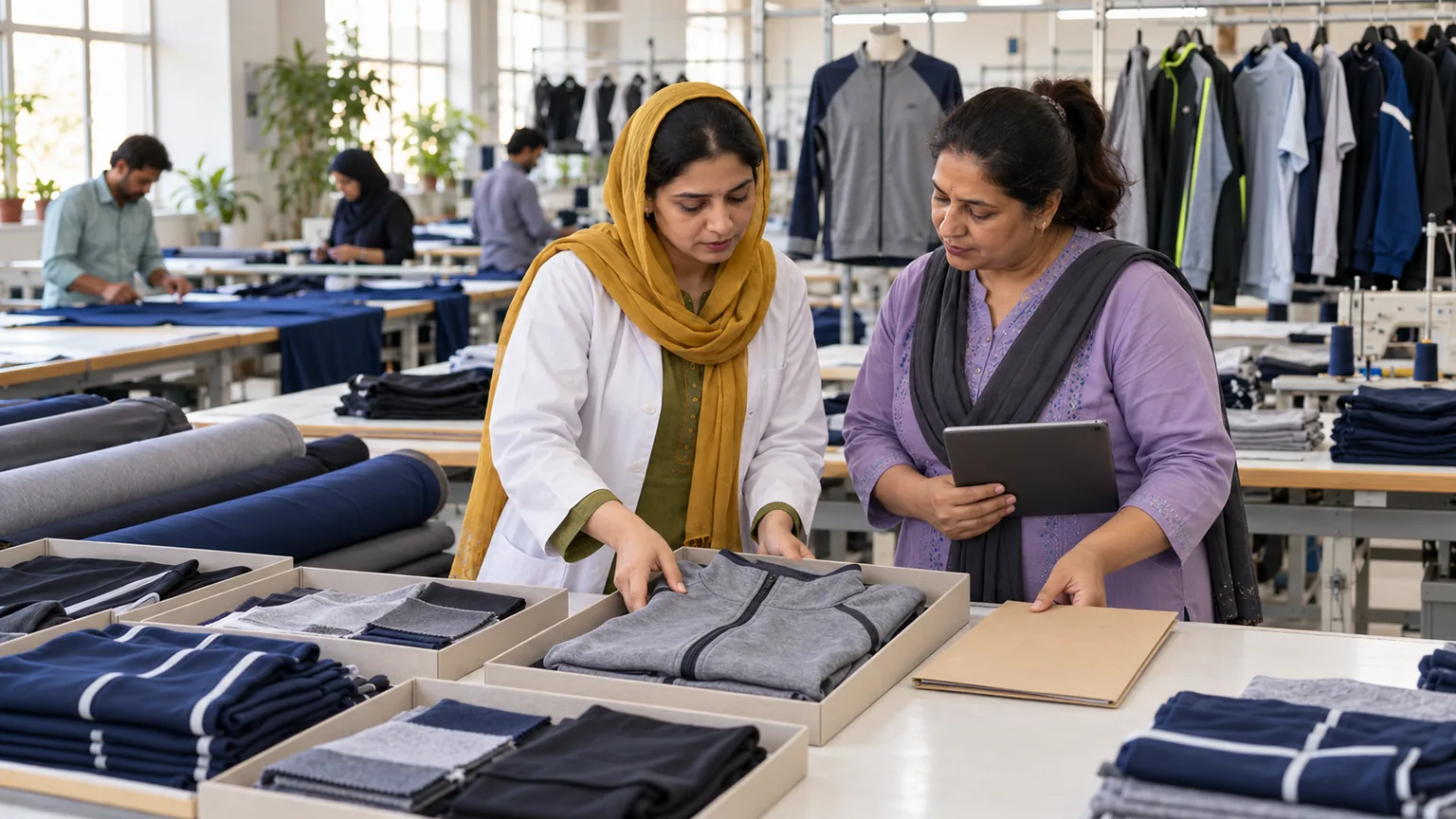 AI-generated illustration of the same textile staff preparing coordinated garment sample trays with an enquiry folder and tablet.