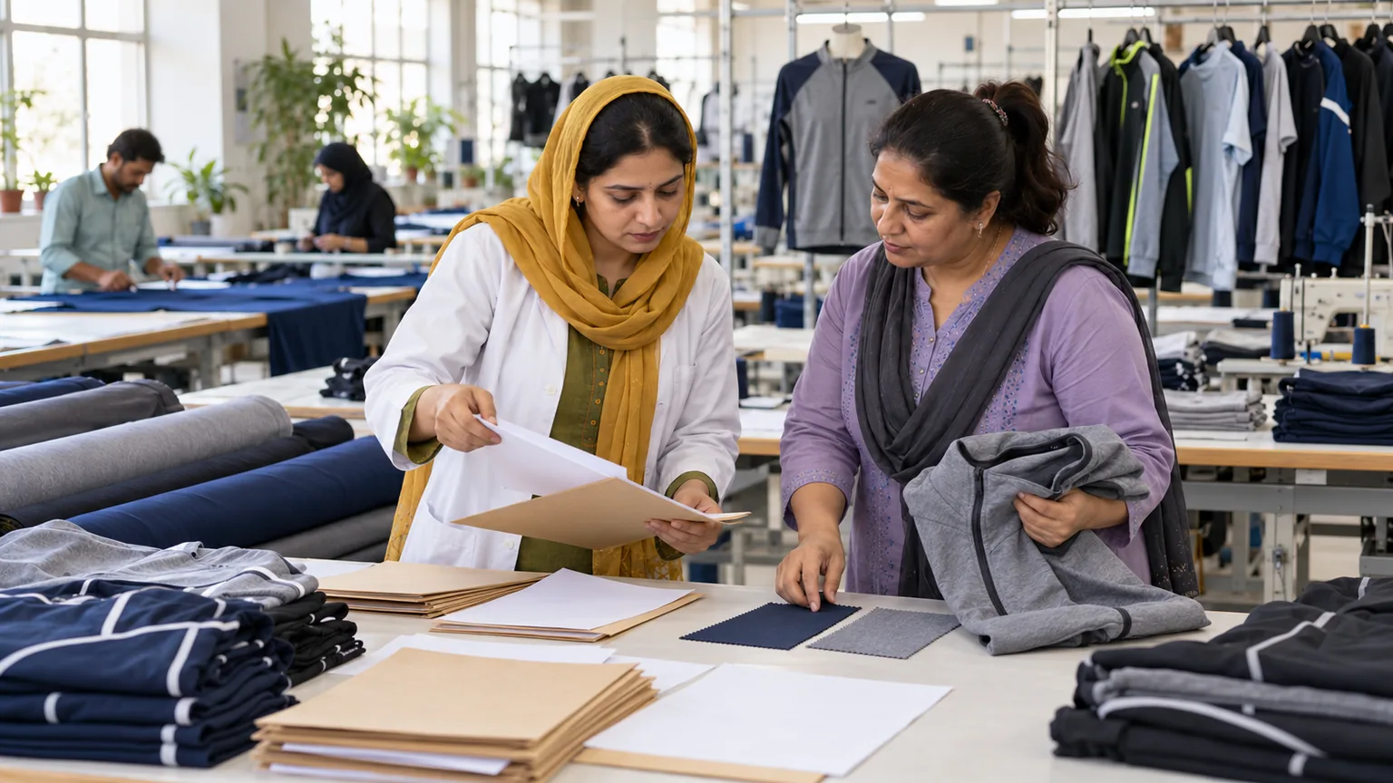AI-generated illustration of textile staff comparing separate enquiry folders, sportswear samples and fabric swatches.
