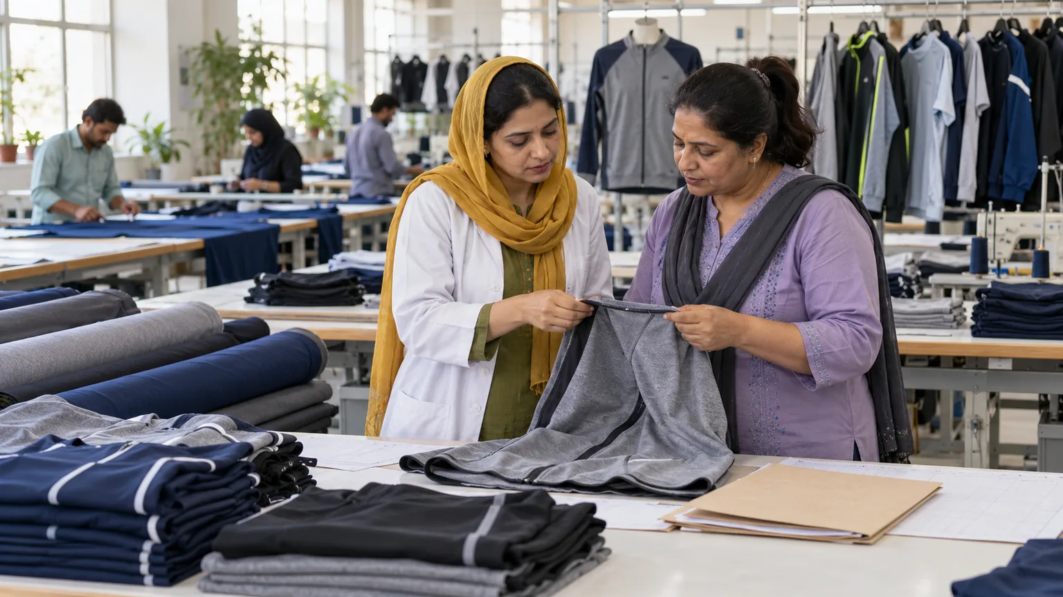 AI-generated illustration of textile quality and export staff inspecting a sportswear sample.