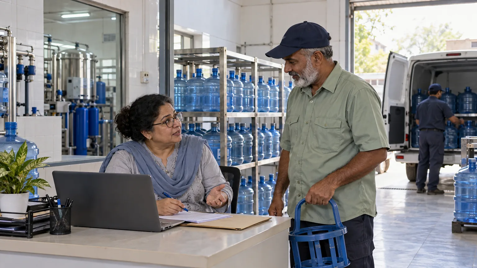 AI-generated illustration of a water depot dispatcher coordinating a delivery route with a driver.